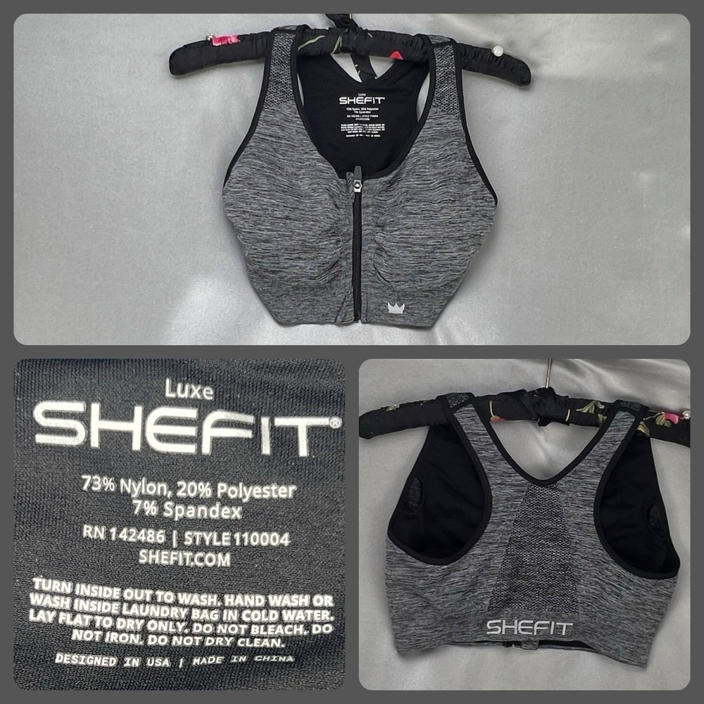SHEFIT‎ Lounge Sports Bra Luxe (L) Zip Front Close Graphite Gray Removable Pads